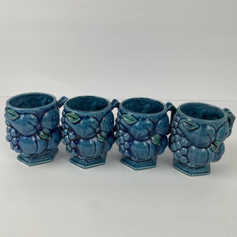 Vintage 1960s Inarco Japan "Mood Indigo" Blue Ceramic Fruit Mugs - Set of 4
